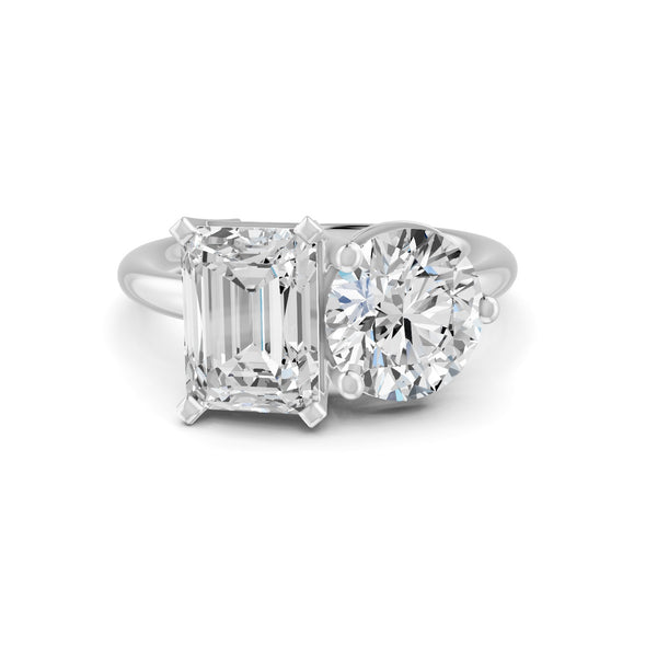 4 Ct Emerald & Round Cut Real Moissanite Toi Et Moi Ring 14K Yellow Gold Plated