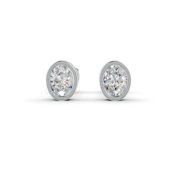 Oval Cut Real Moissanite Bezel Set Solitaire Stud Earrings Screw Back 14K Gold Plated