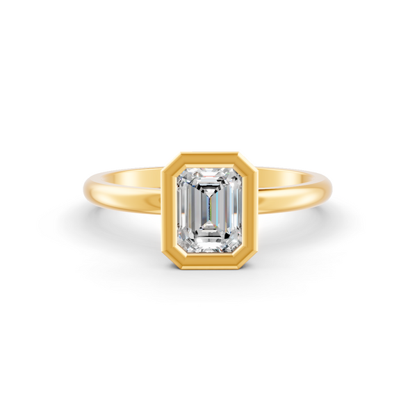 1-5 Ct Emerald Cut Real Moissanite Bezel Set Solitaire Ring 14K Yellow Gold Plated