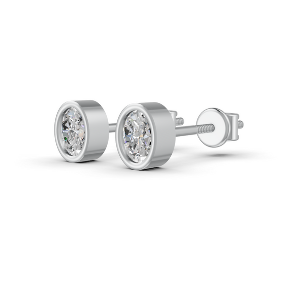 Oval Cut Real Moissanite Bezel Set Solitaire Stud Earrings Screw Back 14K Gold Plated