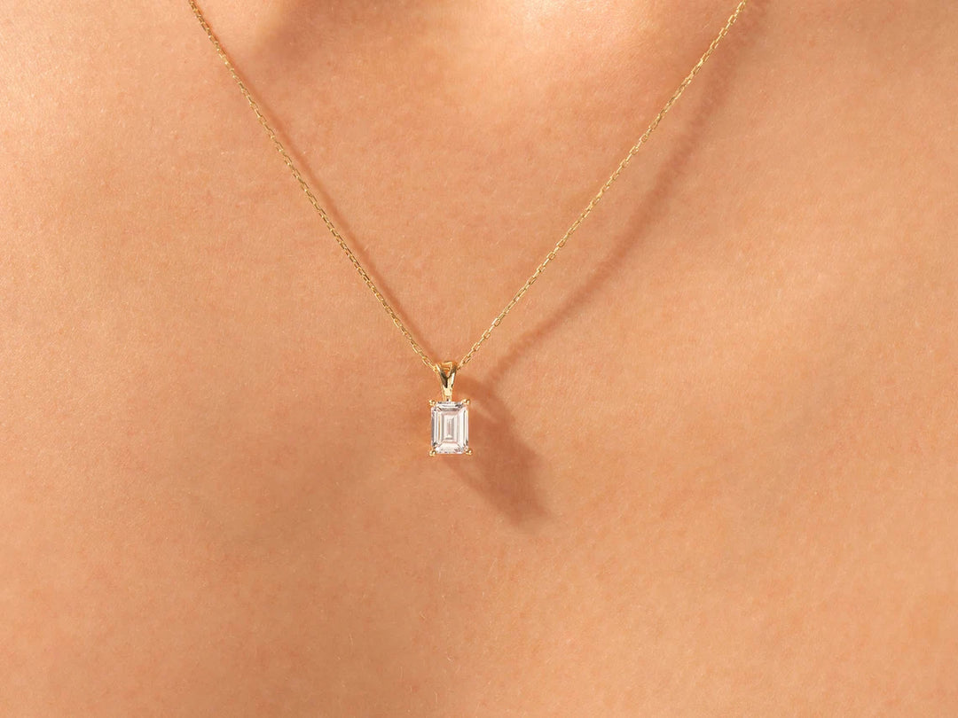 Emerald Cut Moissanite Solitaire Pendant 14K Gold Plated