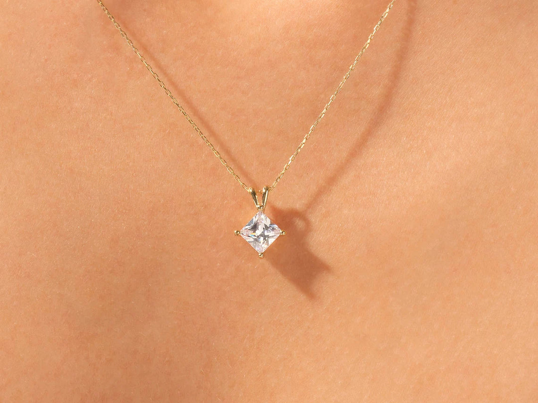 Princess Cut Moissanite Solitaire Pendant 14K Gold Plated