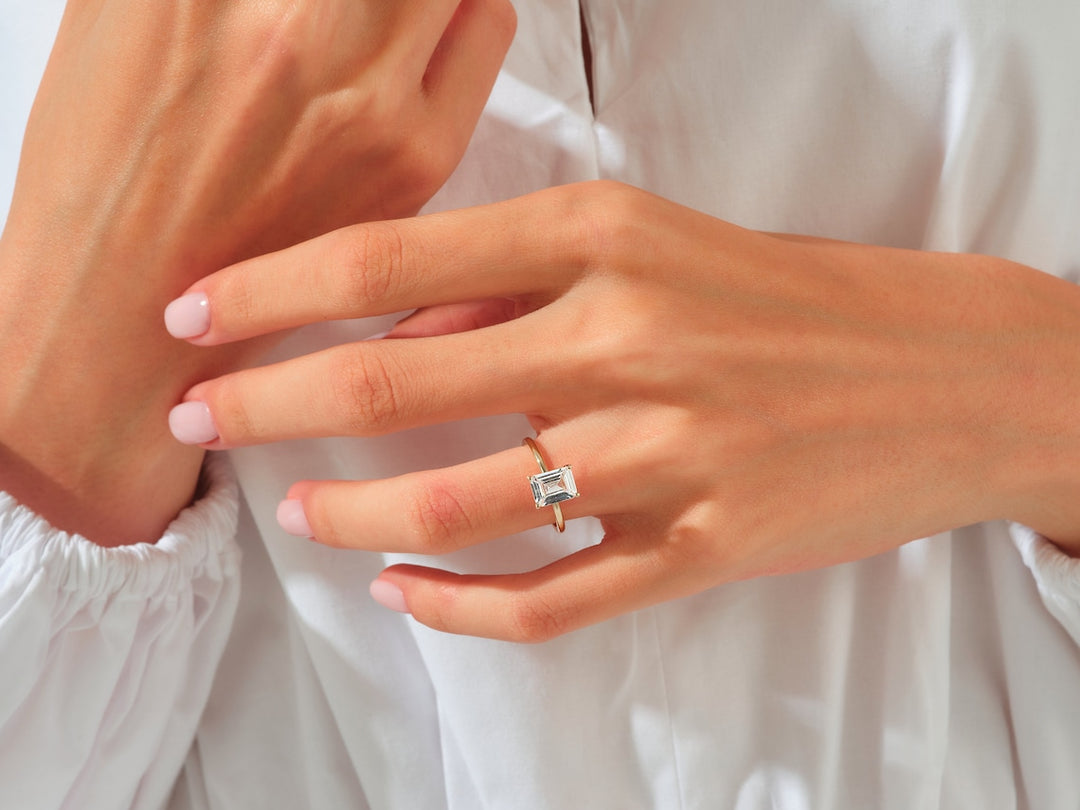 Emerald Cut Real Moissanite 4 Prong Solitaire Ring 14K Gold Plated