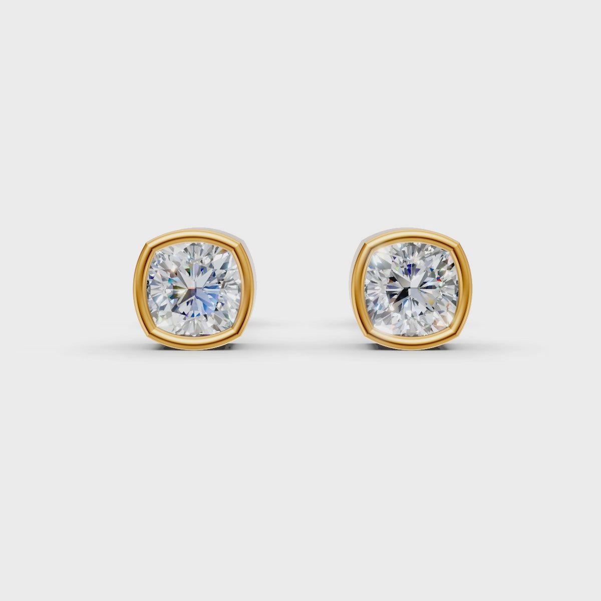 Cushion Cut Real Moissanite Bezel Set Solitaire Stud Earrings Screw Back 14K Gold Plated
