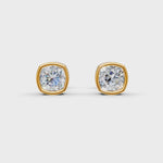 Load and play video in Gallery viewer, Cushion Cut Real Moissanite Bezel Set Solitaire Stud Earrings Screw Back 14K Gold Plated
