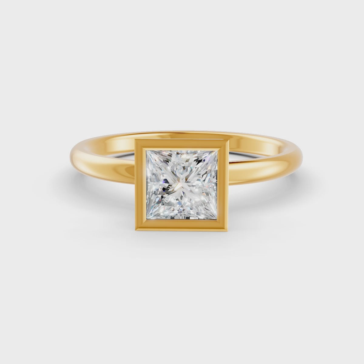 Princess Cut Real Moissanite Bezel Set Solitaire Ring 14K Gold Plated