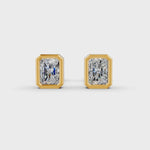 Load and play video in Gallery viewer, Radiant Cut Real Moissanite Bezel Set Solitaire Stud Earrings Screw Back 14K Gold Plated