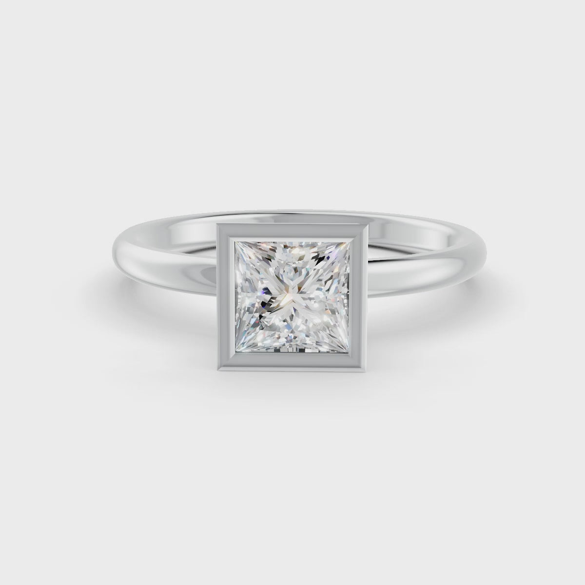 Princess Cut Real Moissanite Bezel Set Solitaire Ring 14K Gold Plated