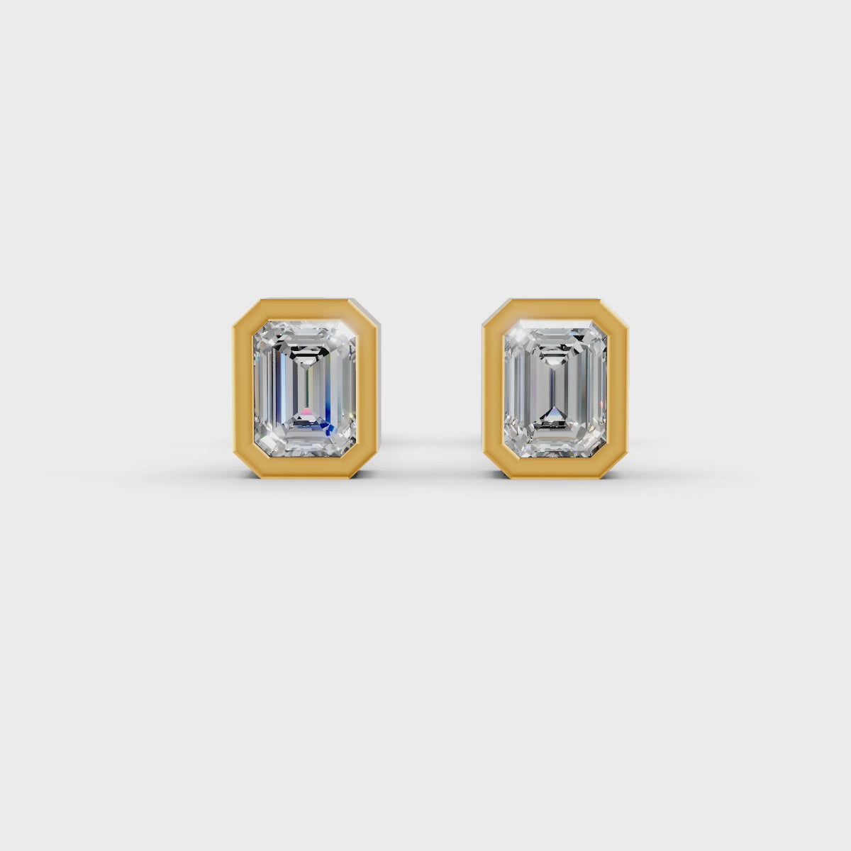 Emerald Cut Real Moissanite Bezel Set Solitaire Stud Earrings Screw Back 14K Gold Plated