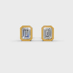 Load and play video in Gallery viewer, Emerald Cut Real Moissanite Bezel Set Solitaire Stud Earrings Screw Back 14K Gold Plated