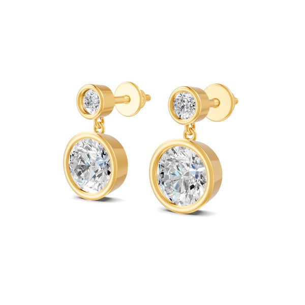 1.83 Ct Round Cut Moissanite Bezel Set Dangle Drop Earrings 14K Yellow Gold Plated