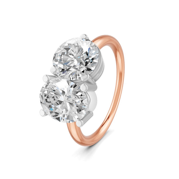 3.32 Ct Oval & Round Cut Real Moissanite Toi Et Moi Ring 14K Yellow Gold Plated