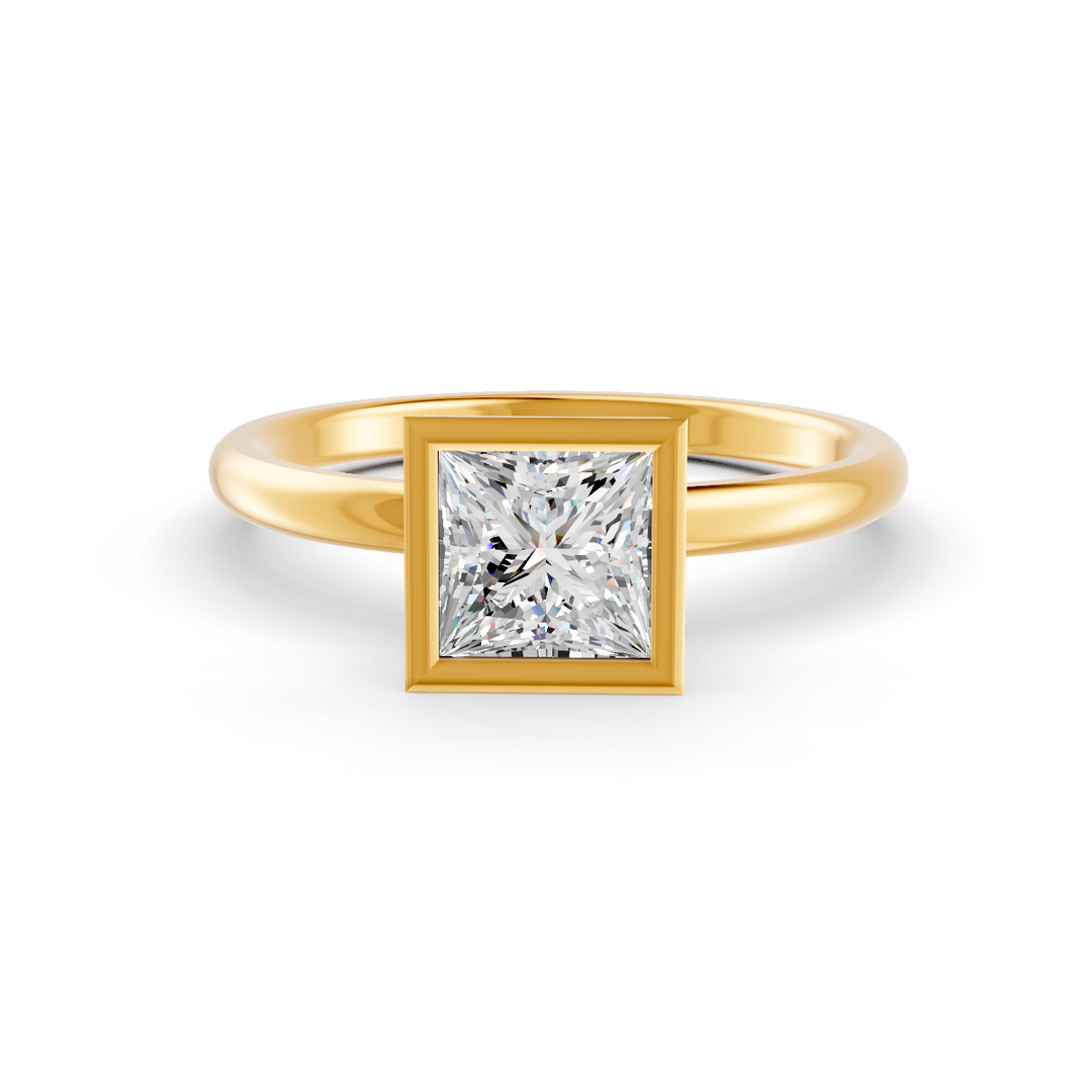 Princess Cut Real Moissanite Bezel Set Solitaire Ring 14K Gold Plated