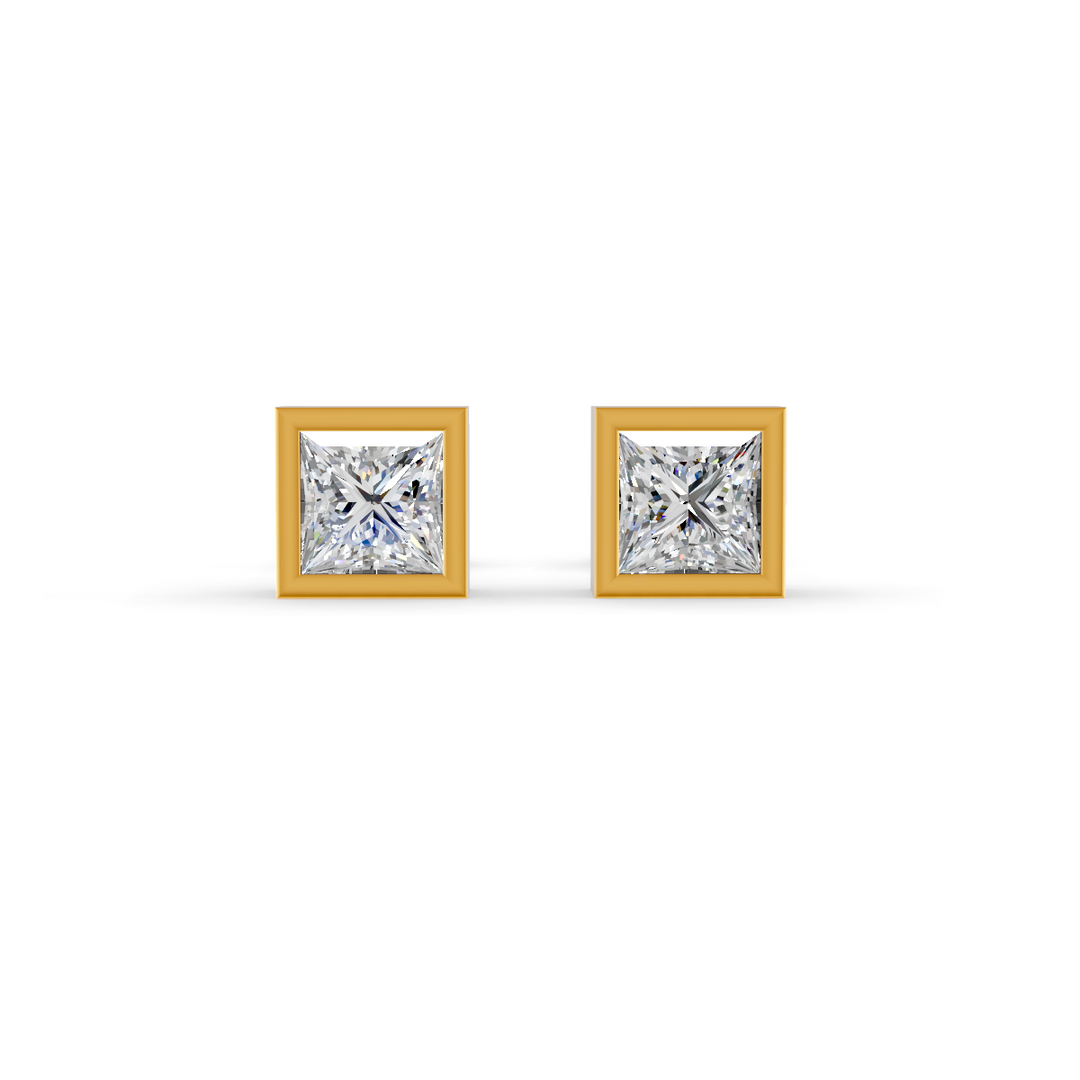 Princess Cut Real Moissanite Bezel Set Solitaire Stud Earrings Screw Back 14K Gold Plated