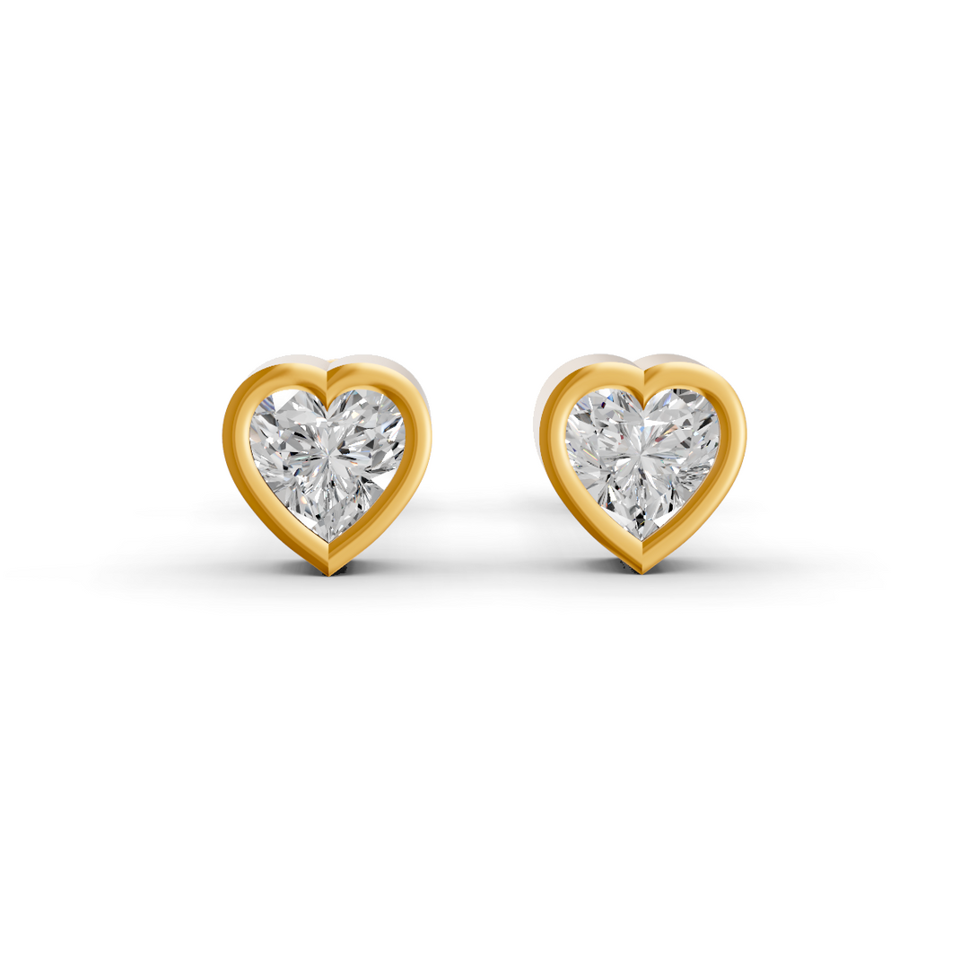 Heart Cut Real Moissanite Bezel Set Solitaire Stud Earrings Screw Back 14K Gold Plated