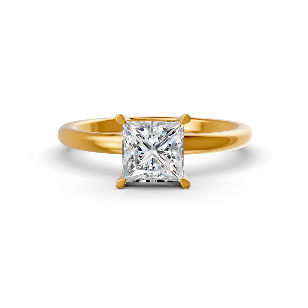 Princess Cut Real Moissanite 4 Prong Solitaire Ring 14K Gold Plated