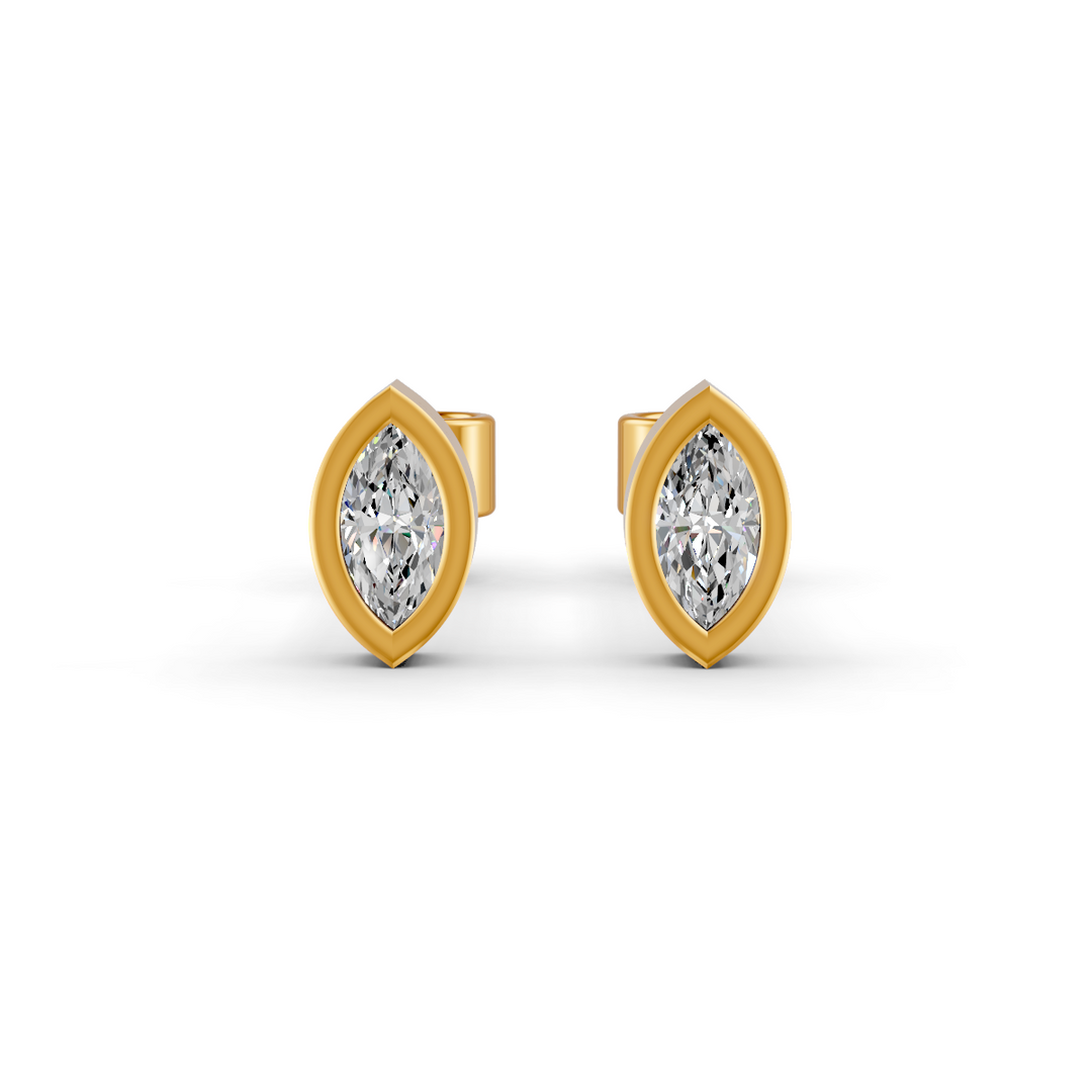Marquise Cut Real Moissanite Bezel Set Solitaire Stud Earrings Screw Back 14K Gold Plated