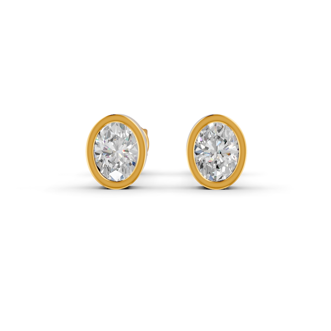 Oval Cut Real Moissanite Bezel Set Solitaire Stud Earrings Screw Back 14K Gold Plated