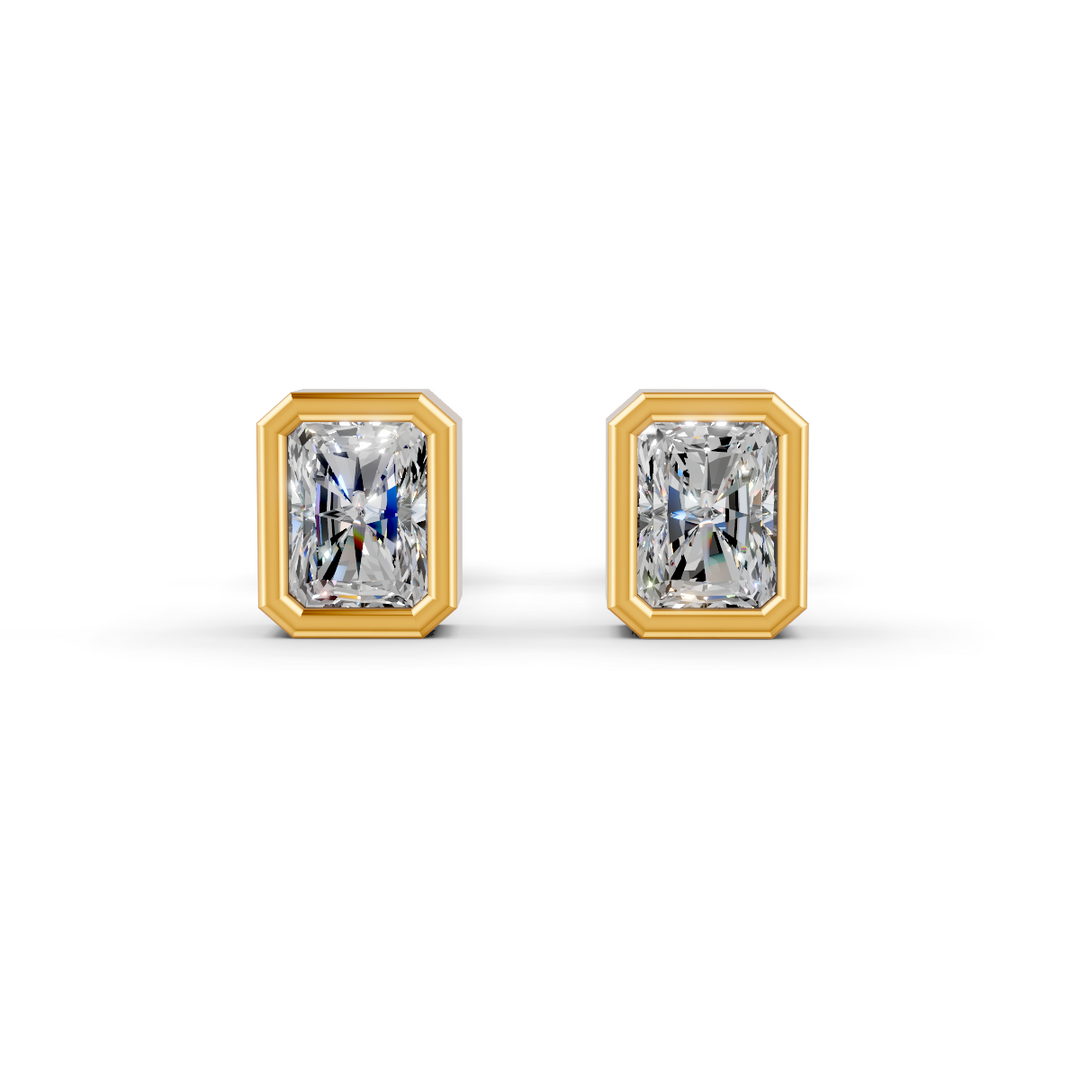 Radiant Cut Real Moissanite Bezel Set Solitaire Stud Earrings Screw Back 14K Gold Plated