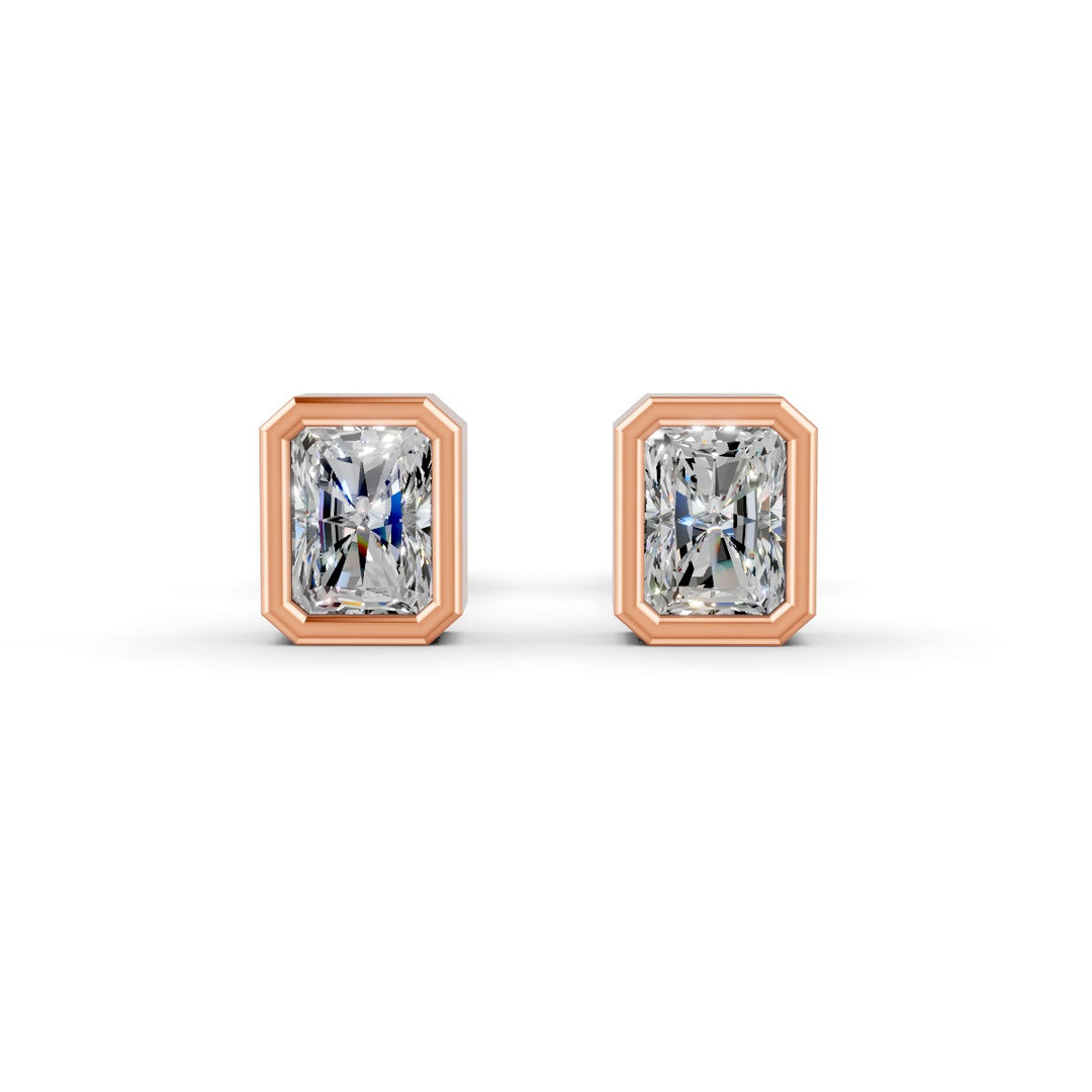 Radiant Cut Real Moissanite Bezel Set Solitaire Stud Earrings Screw Back 14K Gold Plated