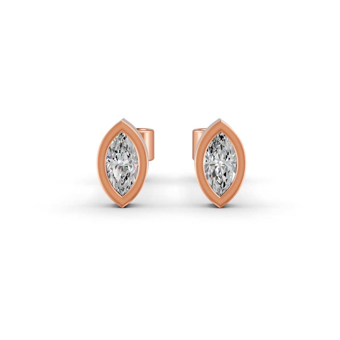 Marquise Cut Real Moissanite Bezel Set Solitaire Stud Earrings Screw Back 14K Gold Plated