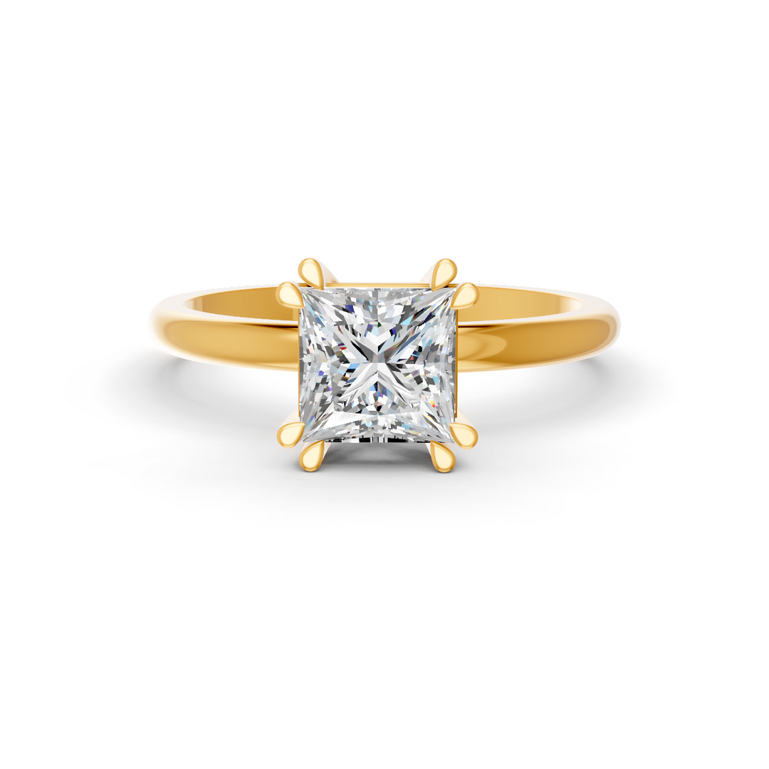Princess Cut Real Moissanite Double 4 Prong Solitaire Ring 14K Gold Plated