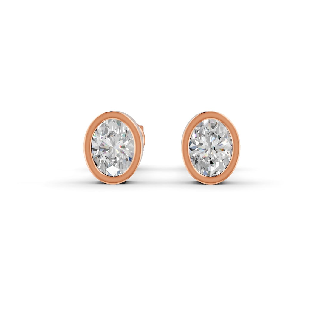 Oval Cut Real Moissanite Bezel Set Solitaire Stud Earrings Screw Back 14K Gold Plated