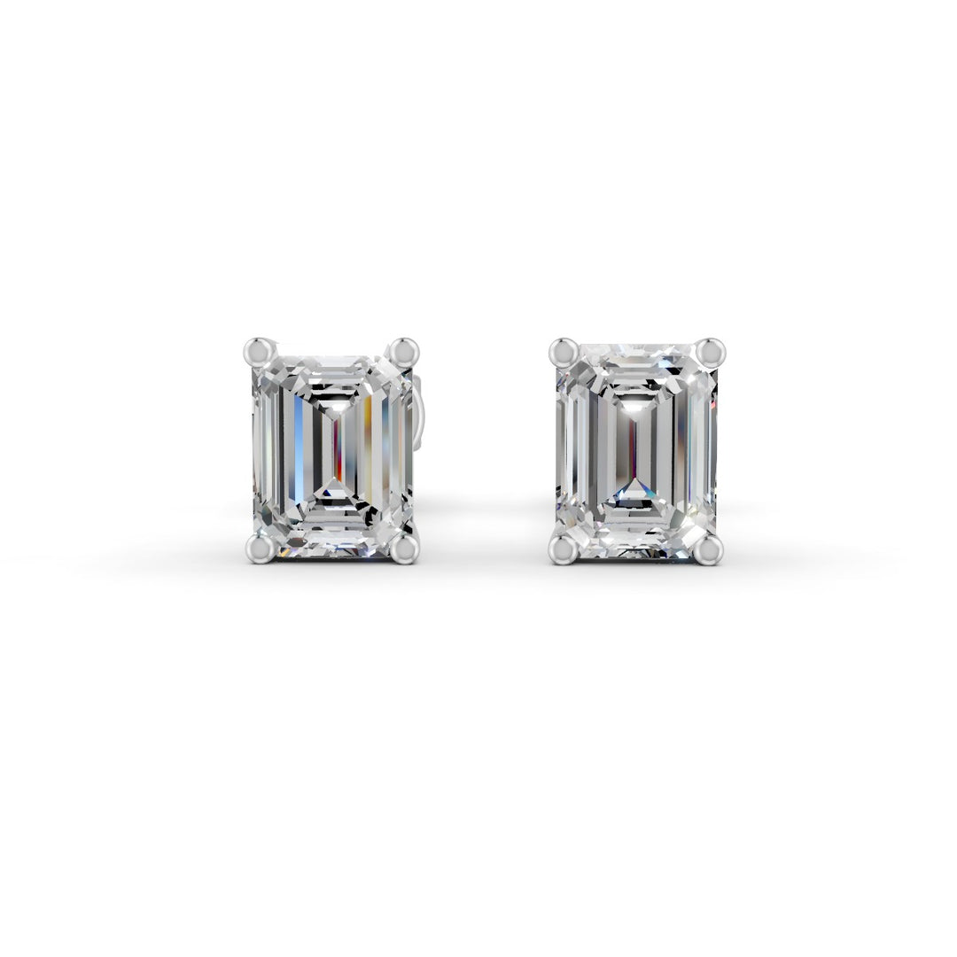 Emerald Cut Real Moissanite 4 Prong Solitaire Stud Earrings Screw Back 14K Gold Plated