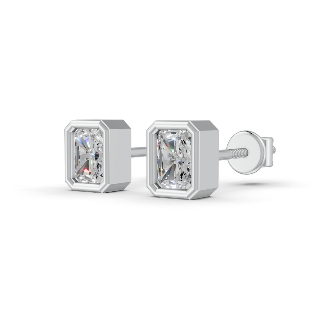 Radiant Cut Real Moissanite Bezel Set Solitaire Stud Earrings Screw Back 14K Gold Plated