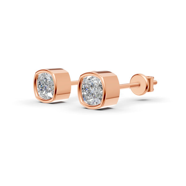 Cushion Cut Real Moissanite Bezel Set Solitaire Stud Earrings Screw Back 14K Gold Plated