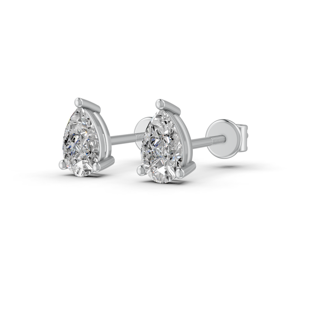 Pear Cut Real Moissanite 3 Prong Solitaire Stud Earrings Screw Back 14K Gold Plated