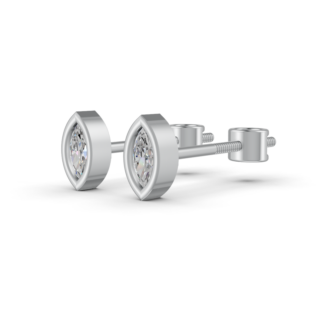 Marquise Cut Real Moissanite Bezel Set Solitaire Stud Earrings Screw Back 14K Gold Plated