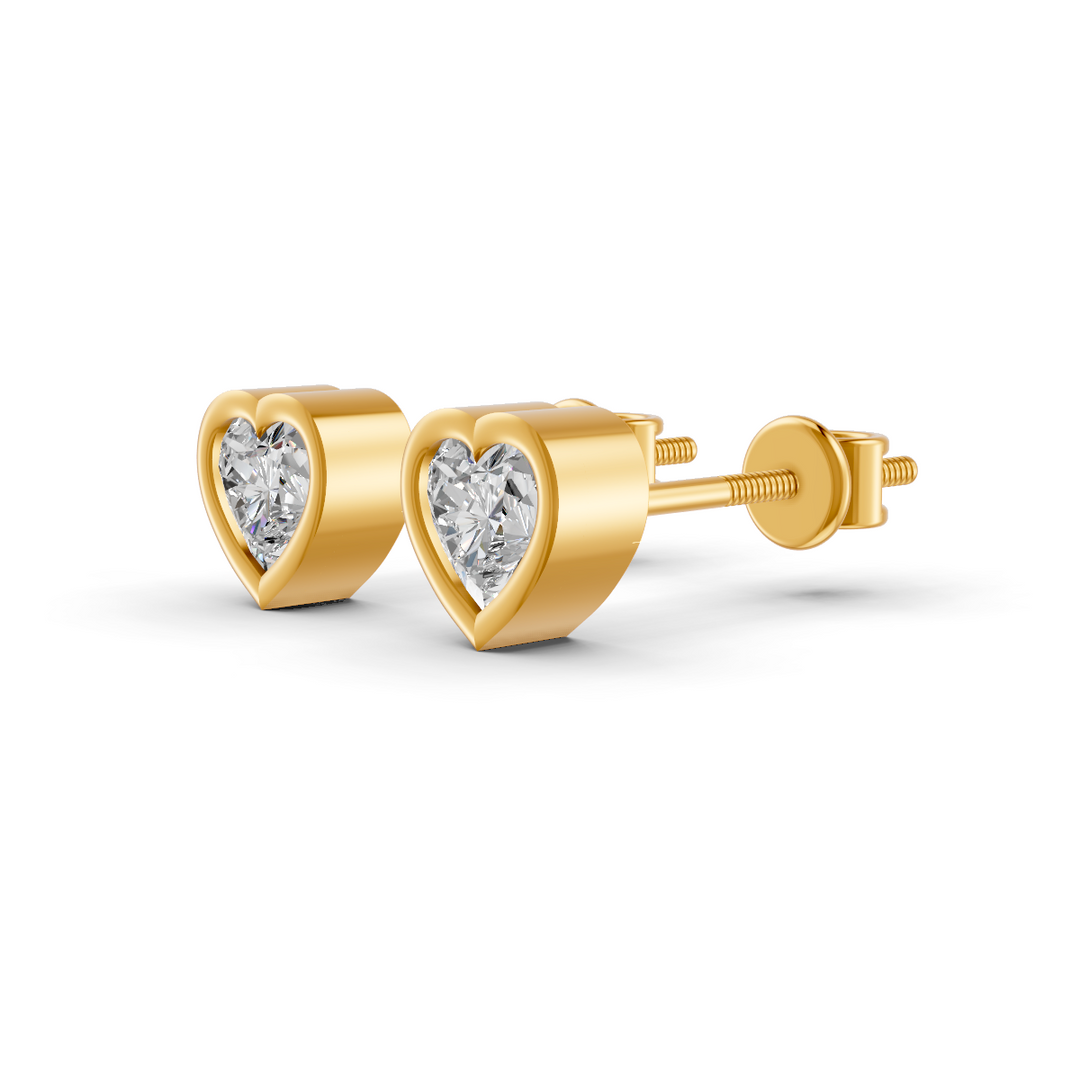 Heart Cut Real Moissanite Bezel Set Solitaire Stud Earrings Screw Back 14K Gold Plated