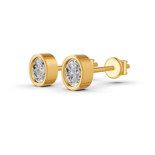 Oval Cut Real Moissanite Bezel Set Solitaire Stud Earrings Screw Back 14K Gold Plated