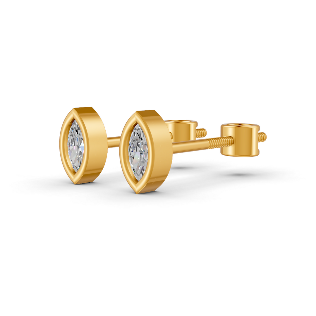 Marquise Cut Real Moissanite Bezel Set Solitaire Stud Earrings Screw Back 14K Gold Plated