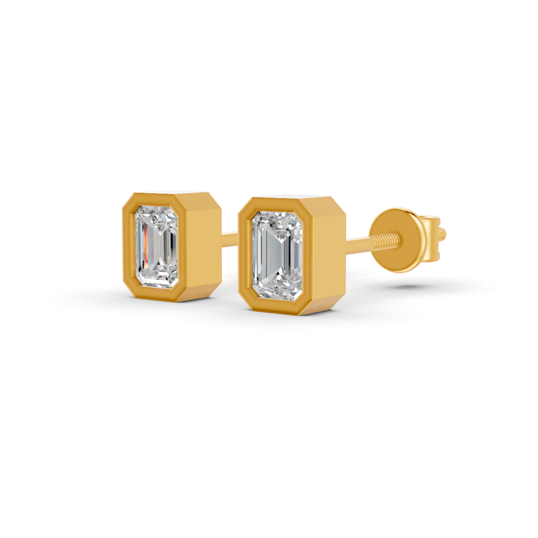 Emerald Cut Real Moissanite Bezel Set Solitaire Stud Earrings Screw Back 14K Gold Plated