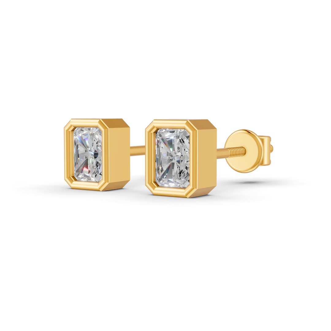 Radiant Cut Real Moissanite Bezel Set Solitaire Stud Earrings Screw Back 14K Gold Plated