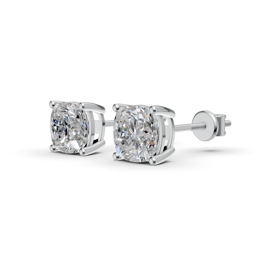 Cushion Cut Real Moissanite 4 Prong Solitaire Stud Earrings Screw Back 14K Gold Plated