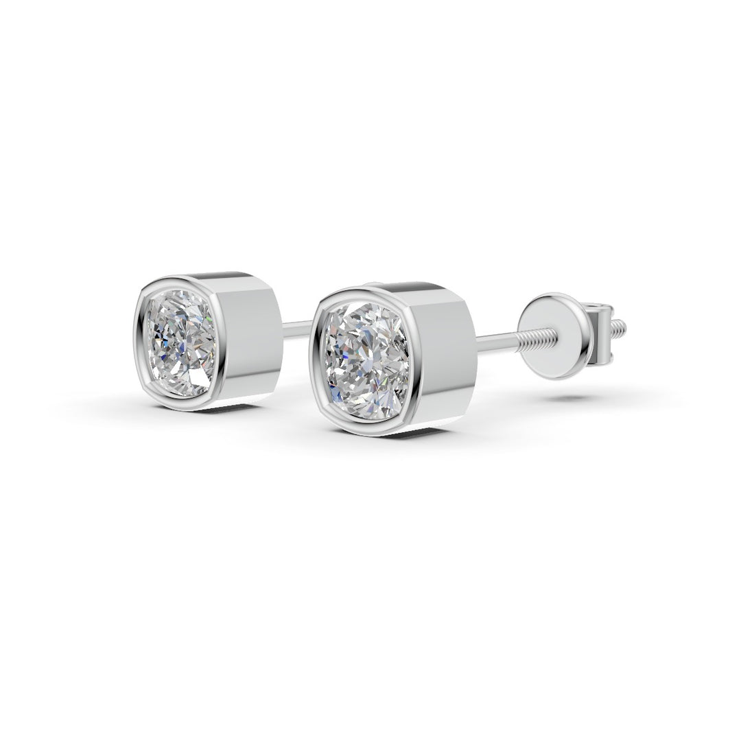 Cushion Cut Real Moissanite Bezel Set Solitaire Stud Earrings Screw Back 14K Gold Plated