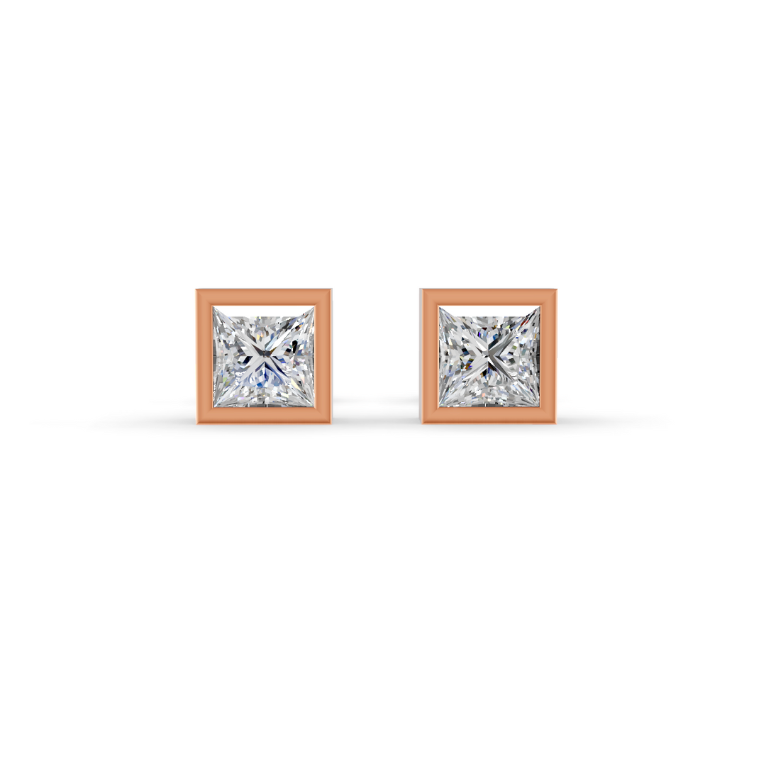 Princess Cut Real Moissanite Bezel Set Solitaire Stud Earrings Screw Back 14K Gold Plated